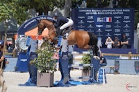 a horse and rider jumping over an obstacle in an equestrian competition